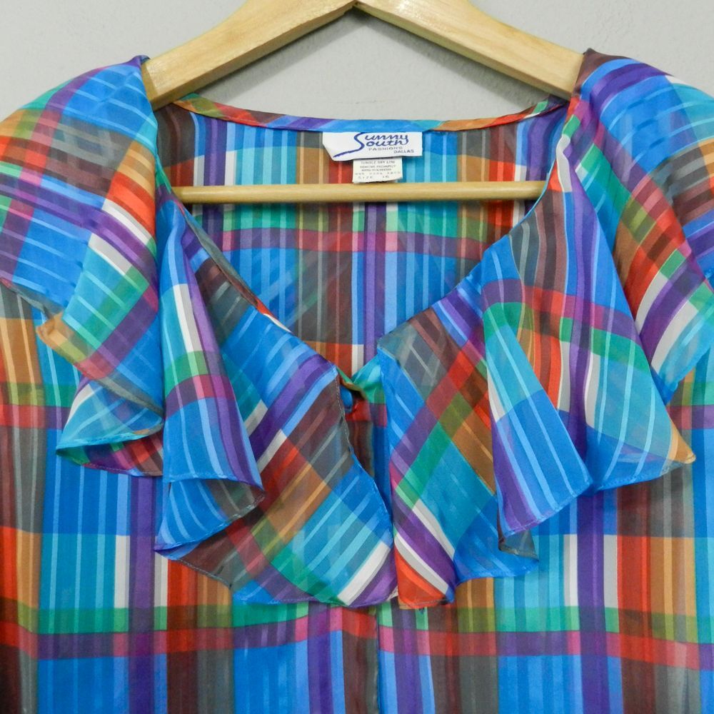 Vintage 70s Sunny‎ South Dallas Blouse Size 16 Plaid Ruffle Rainbow Disco Retro - Picture 3 of 8